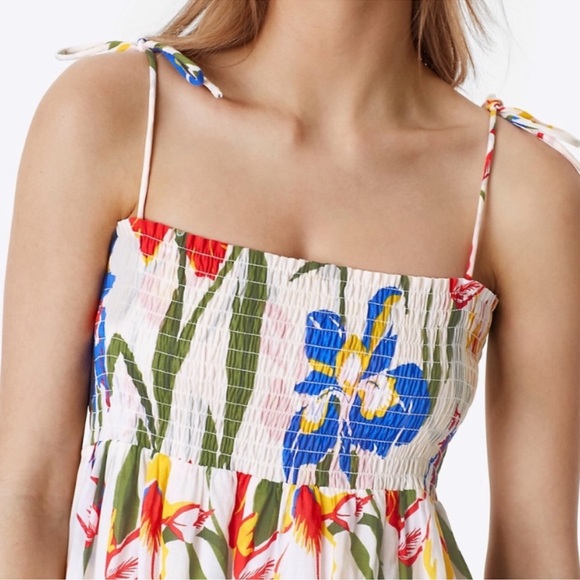 Tory Burch Iris Smocked Floral Midi Dress White Red Blue Size Large Fit & Flare - Picture 2 of 13